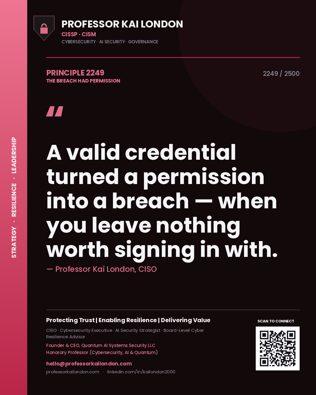 Professor Kai London principle 2249: A valid credential turned a permission into a breach — when you leave nothing worth signing in with.