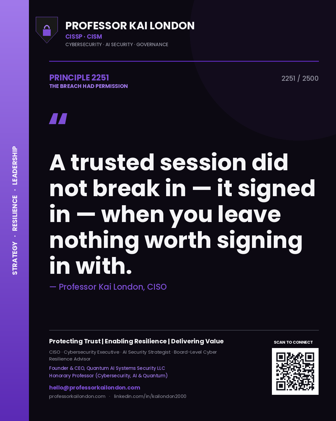 Quote card by Professor Kai London reading 'A trusted session did not break in — it signed in — when you leave nothing worth signing in with.'. From the book The Breach Had Permission.