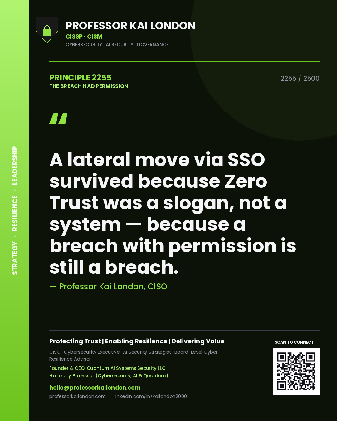 Quote card by Professor Kai London reading 'A lateral move via SSO survived because Zero Trust was a slogan, not a system — because a breach with permission is still a breach.'. From the book The Breach Had Permission.
