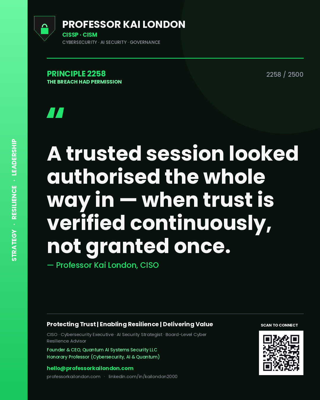 Quote card by Professor Kai London reading 'A trusted session looked authorised the whole way in — when trust is verified continuously, not granted once.'. From the book The Breach Had Permission.