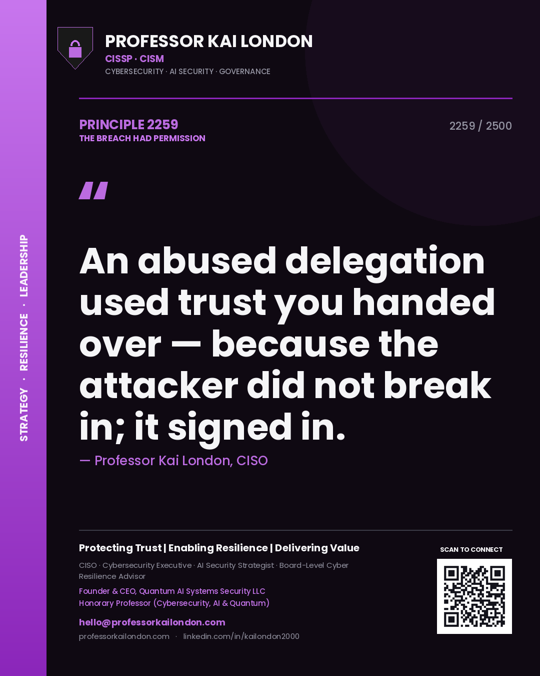 Quote card by Professor Kai London reading 'An abused delegation used trust you handed over — because the attacker did not break in; it signed in.'. From the book The Breach Had Permission.