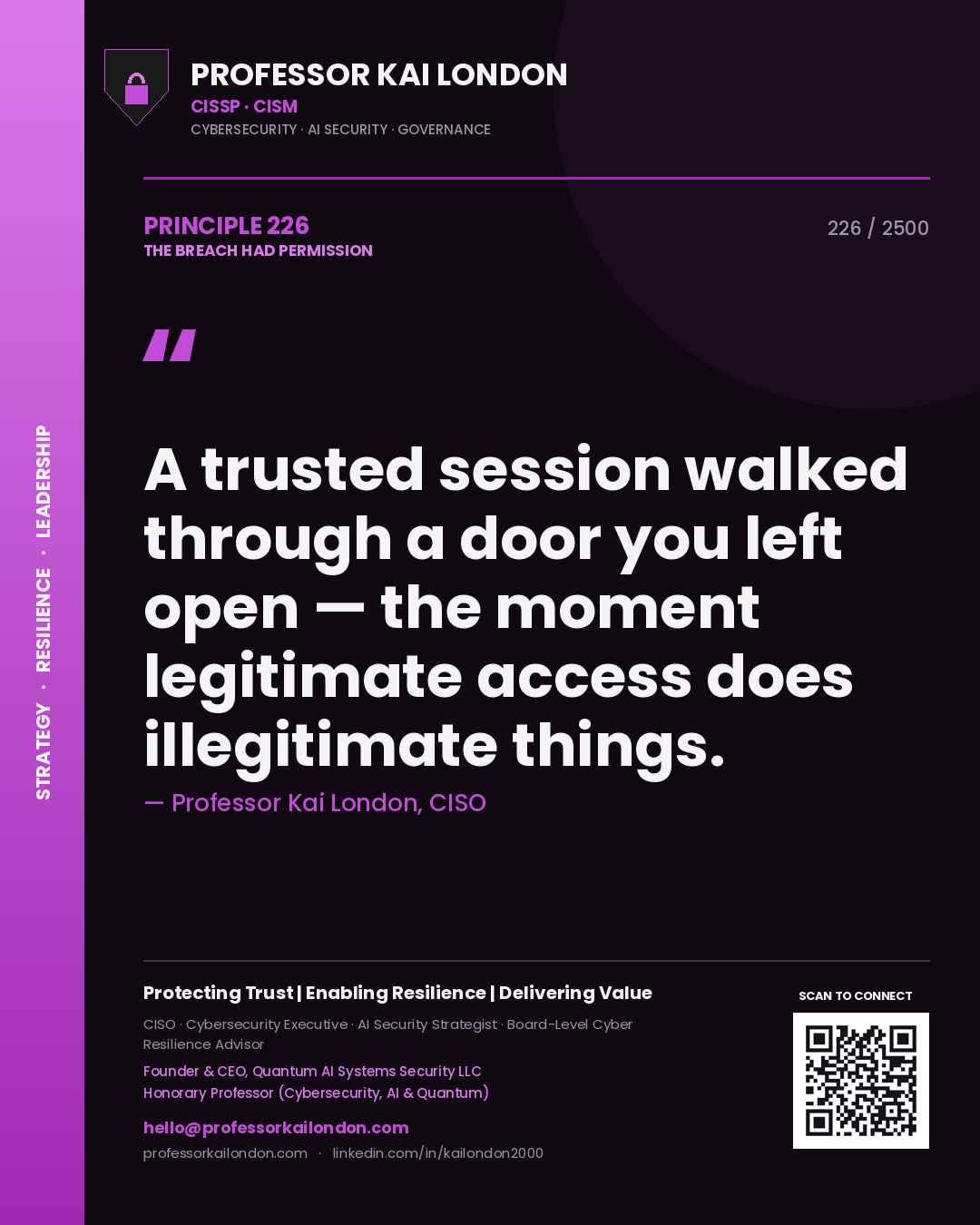 Professor Kai London principle 226: A trusted session walked through a door you left open — the moment legitimate access does illegitimate things.