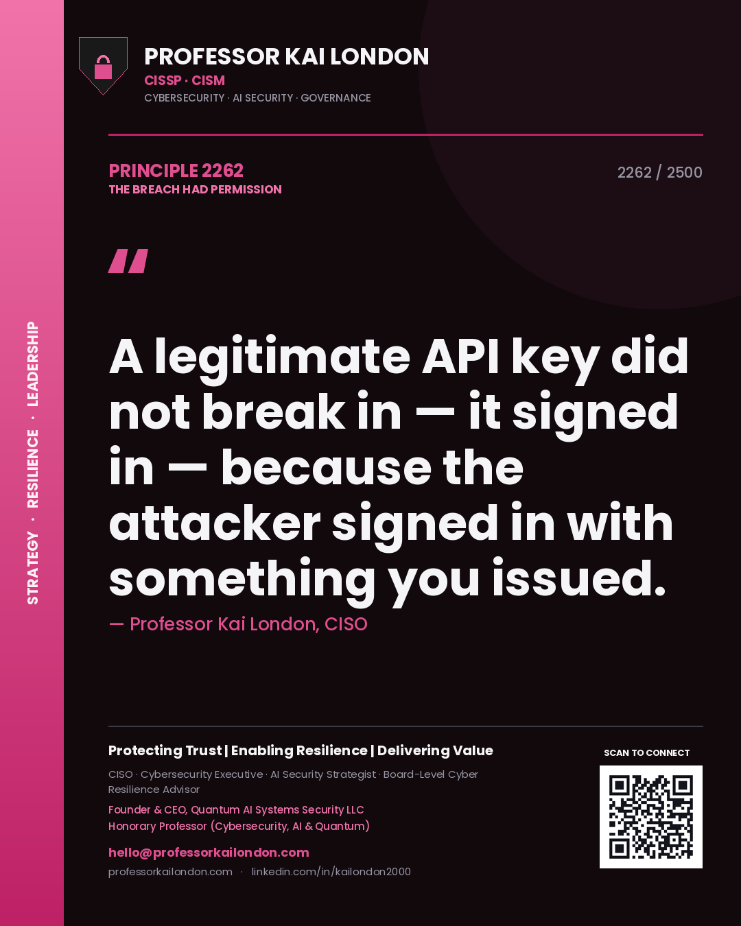 Quote card by Professor Kai London reading 'A legitimate API key did not break in — it signed in — because the attacker signed in with something you issued.'. From the book The Breach Had Permission.