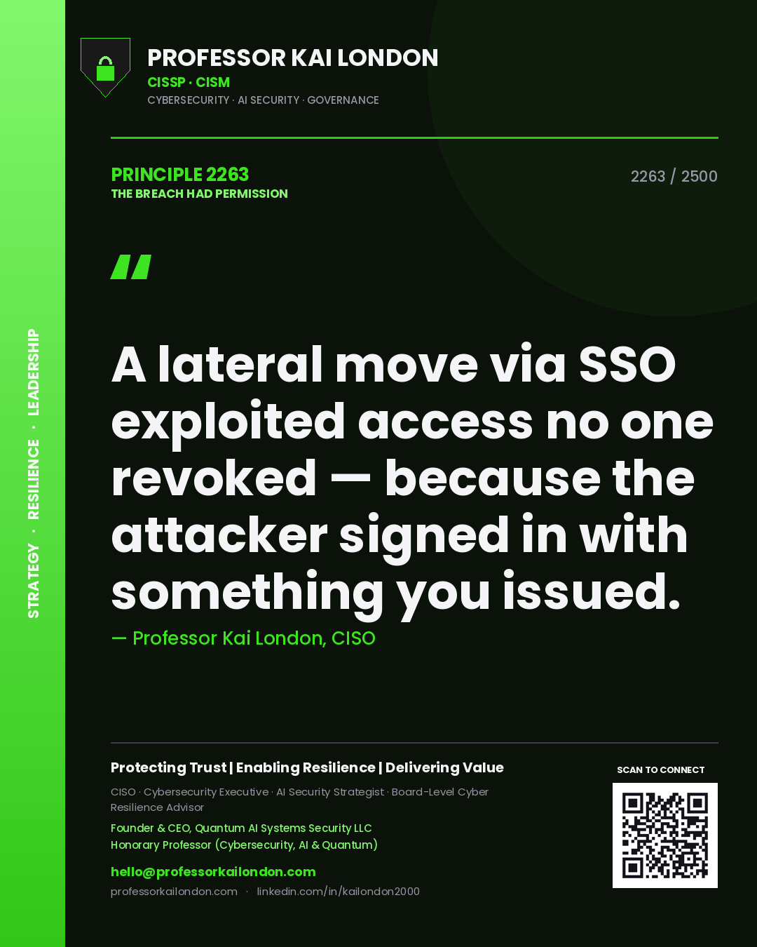 Professor Kai London principle 2263: A lateral move via SSO exploited access no one revoked — because the attacker signed in with something you issued.