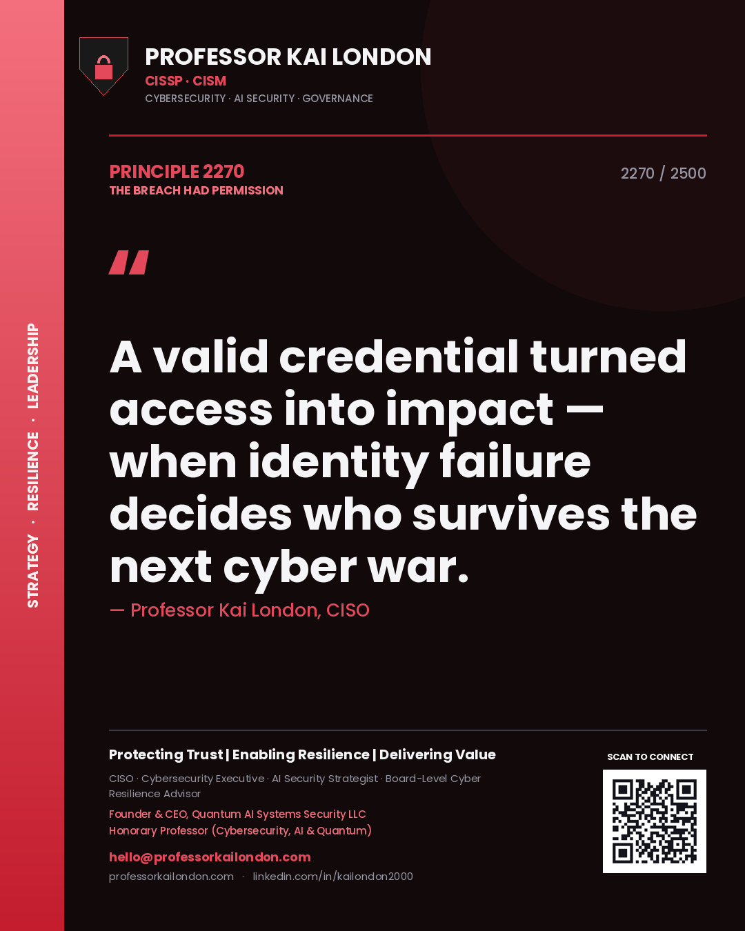 Quote card by Professor Kai London reading 'A valid credential turned access into impact — when identity failure decides who survives the next cyber war.'. From the book The Breach Had Permission.