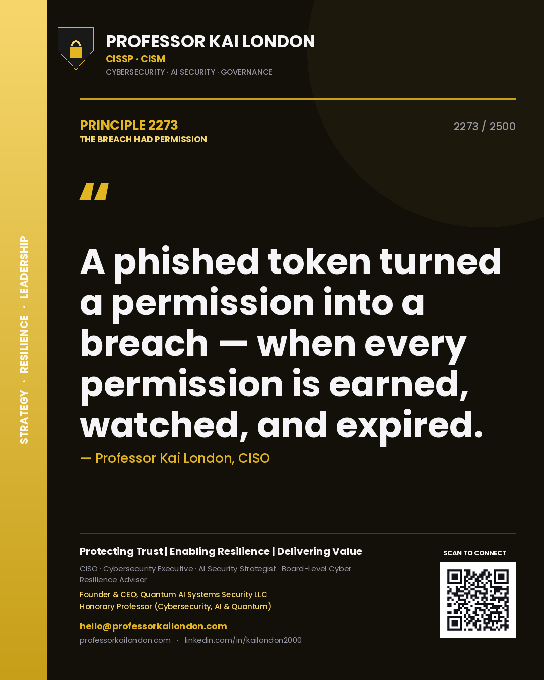 Professor Kai London principle 2273: A phished token turned a permission into a breach — when every permission is earned, watched, and expired.