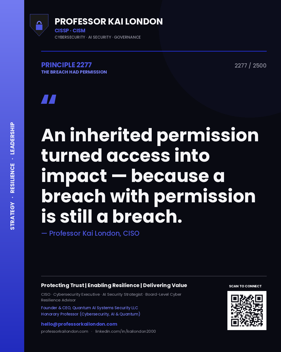 Quote card by Professor Kai London reading 'An inherited permission turned access into impact — because a breach with permission is still a breach.'. From the book The Breach Had Permission.