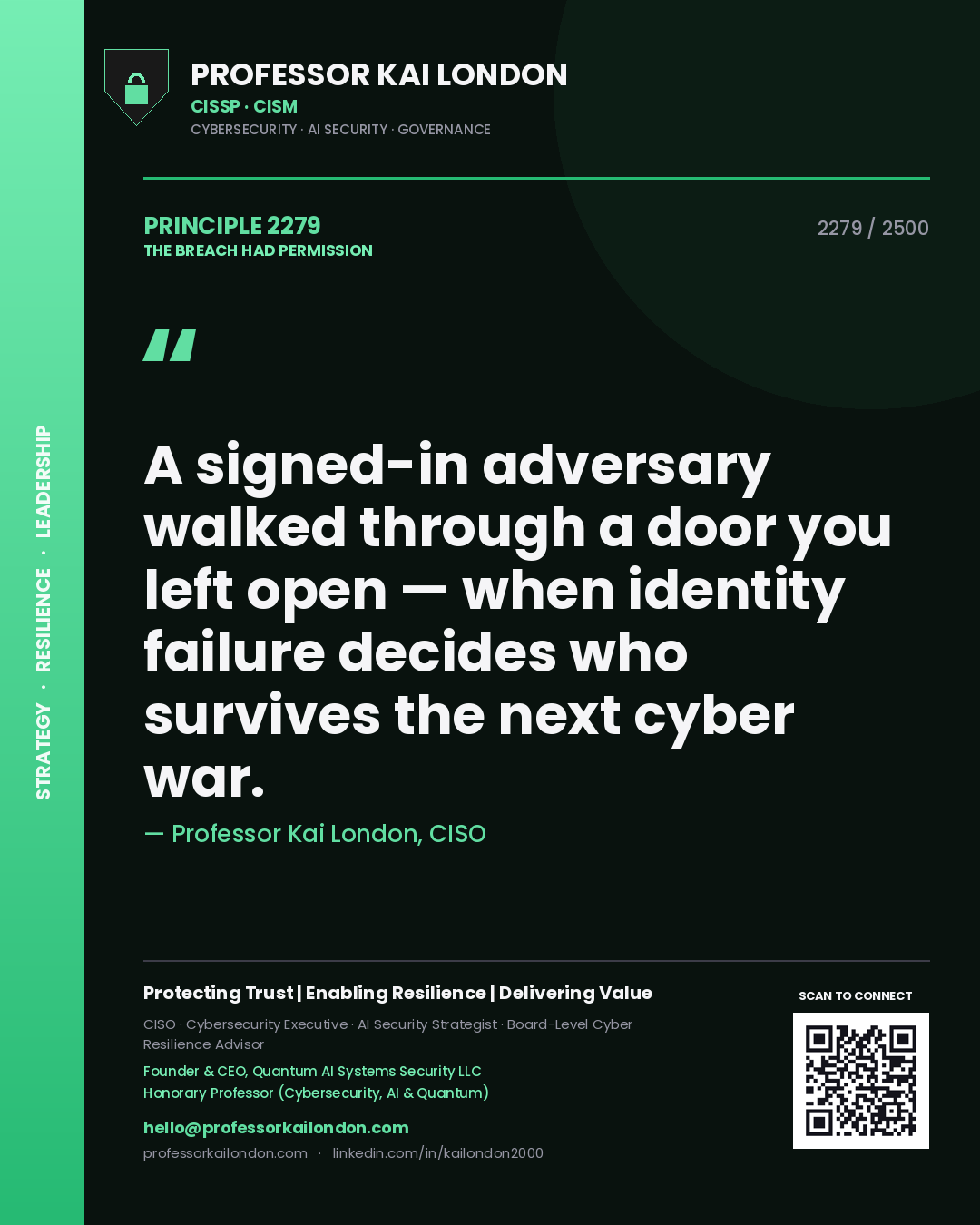 Quote card by Professor Kai London reading 'A signed-in adversary walked through a door you left open — when identity failure decides who survives the next cyber war.'. From the book The Breach Had Permission.