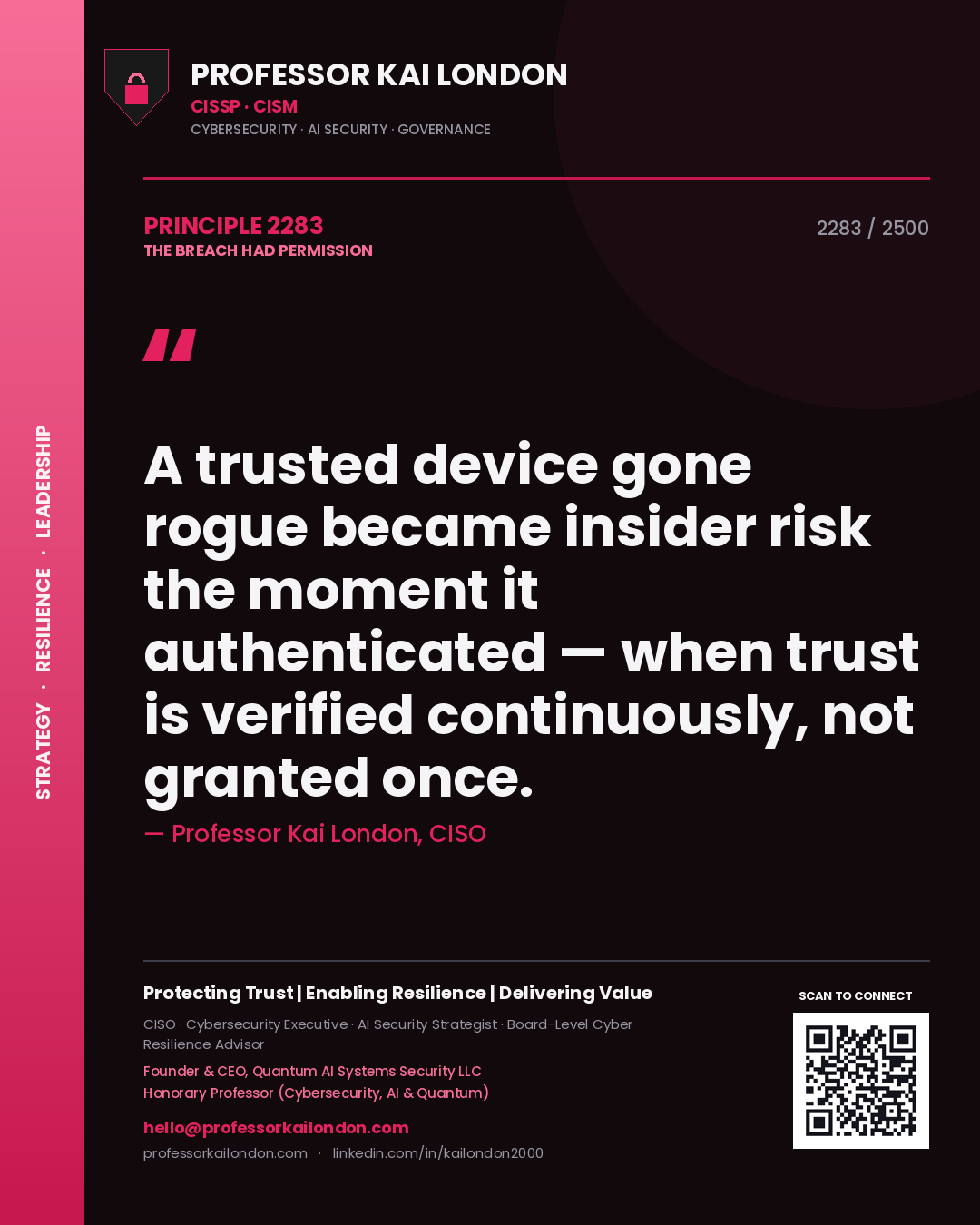 Quote card by Professor Kai London reading 'A trusted device gone rogue became insider risk the moment it authenticated — when trust is verified continuously, not granted once.'. From the book The Breach Had Permission.
