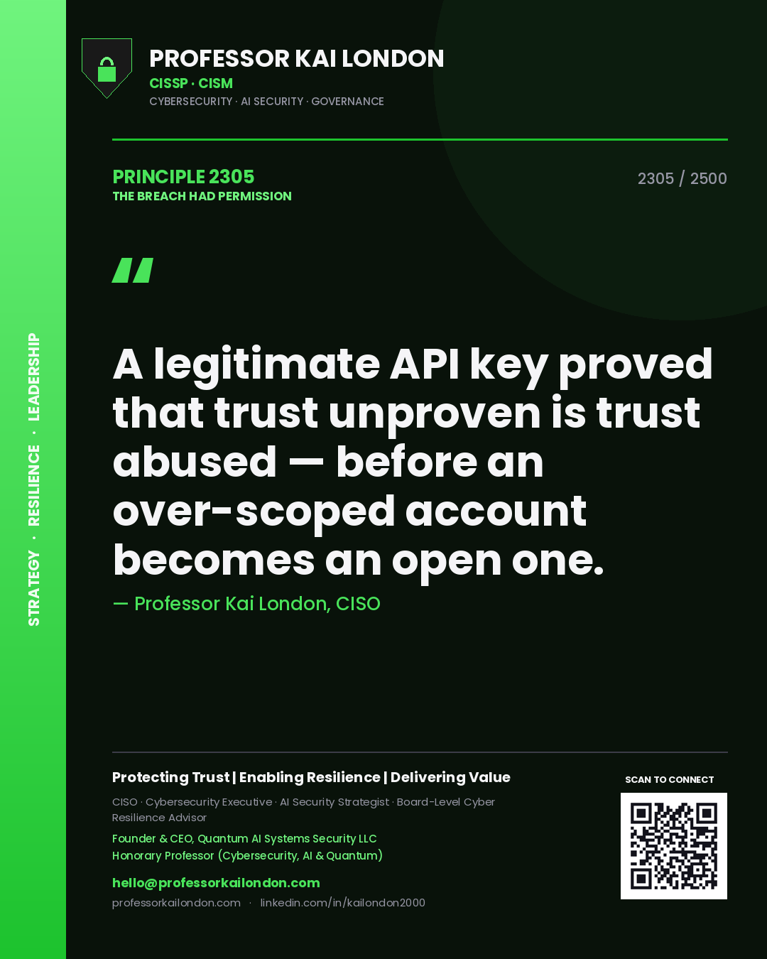 Quote card by Professor Kai London reading 'A legitimate API key proved that trust unproven is trust abused — before an over-scoped account becomes an open one.'. From the book The Breach Had Permission.