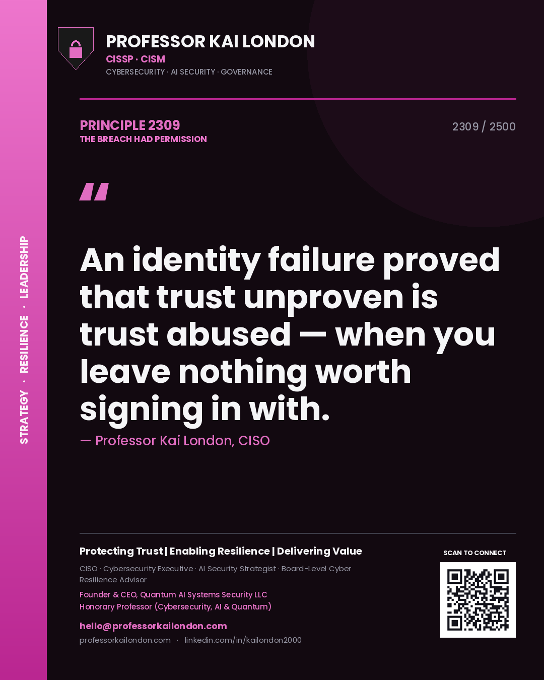 Quote card by Professor Kai London reading 'An identity failure proved that trust unproven is trust abused — when you leave nothing worth signing in with.'. From the book The Breach Had Permission.