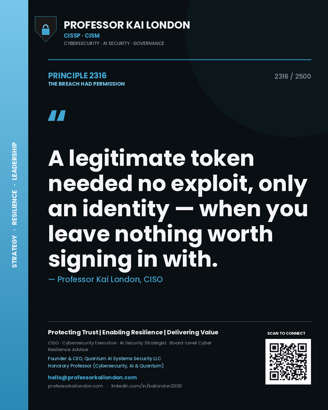 Quote card by Professor Kai London reading 'A legitimate token needed no exploit, only an identity — when you leave nothing worth signing in with.'. From the book The Breach Had Permission.