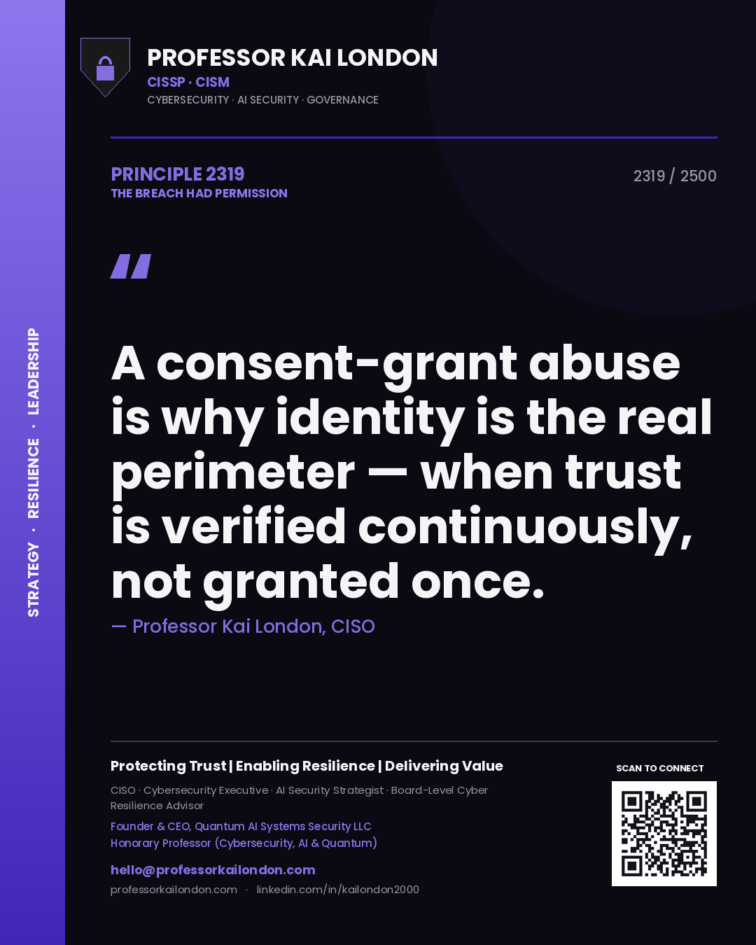 Quote card by Professor Kai London reading 'A consent-grant abuse is why identity is the real perimeter — when trust is verified continuously, not granted once.'. From the book The Breach Had Permission.