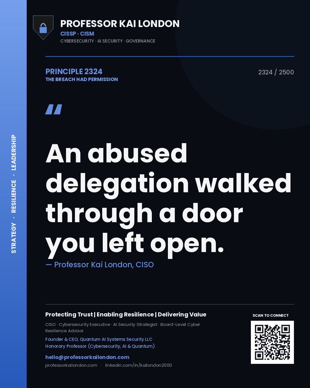 Quote card by Professor Kai London reading 'An abused delegation walked through a door you left open.'. From the book The Breach Had Permission.