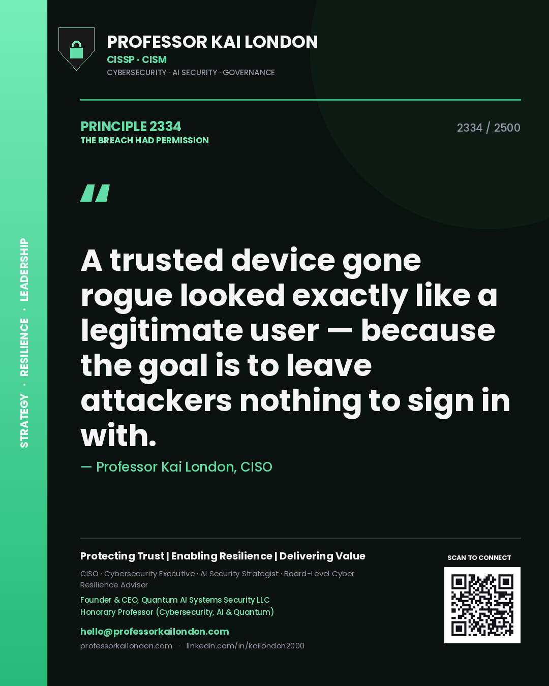 Quote card by Professor Kai London reading 'A trusted device gone rogue looked exactly like a legitimate user — because the goal is to leave attackers nothing to sign in with.'. From the book The Breach Had Permission.