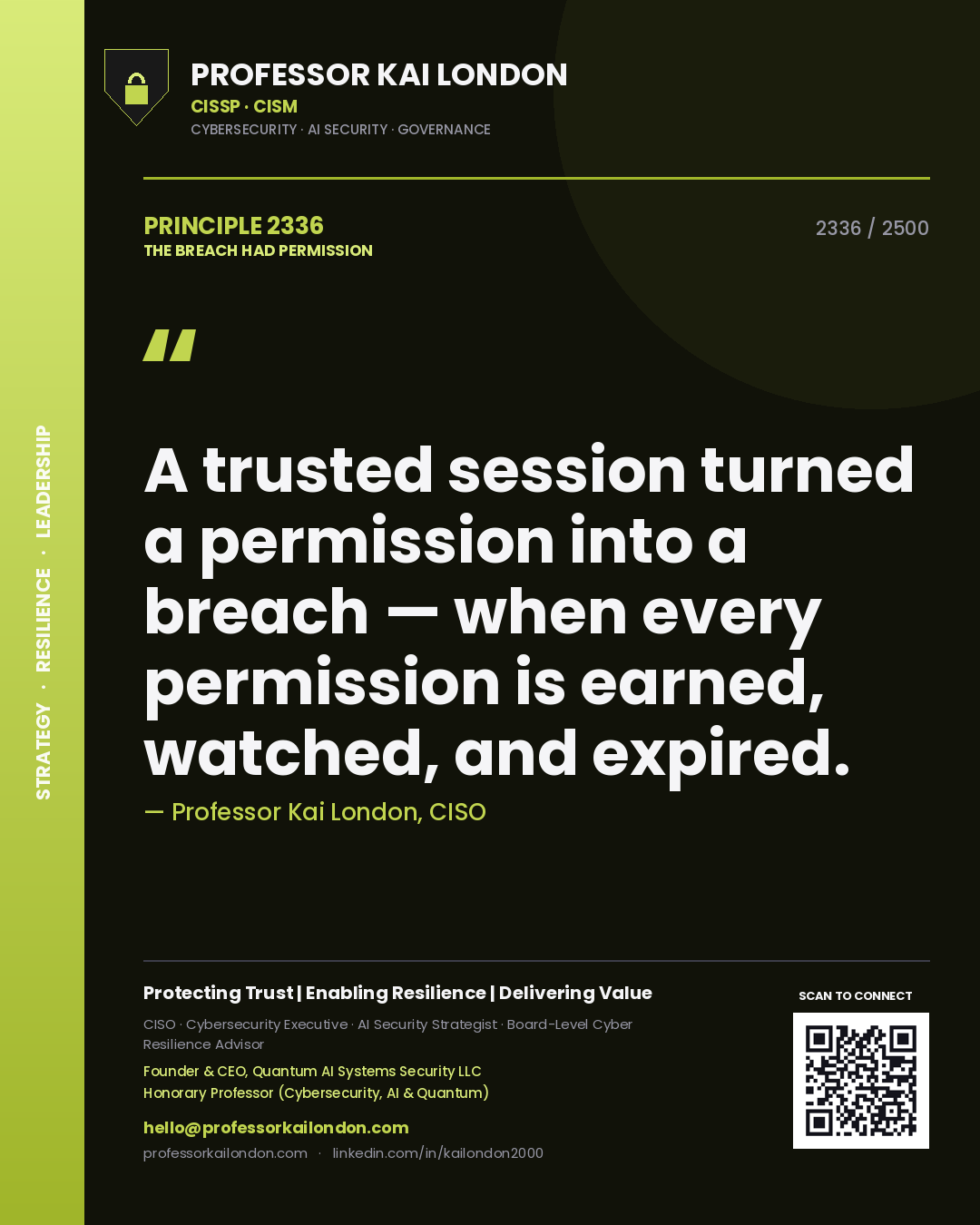 Quote card by Professor Kai London reading 'A trusted session turned a permission into a breach — when every permission is earned, watched, and expired.'. From the book The Breach Had Permission.