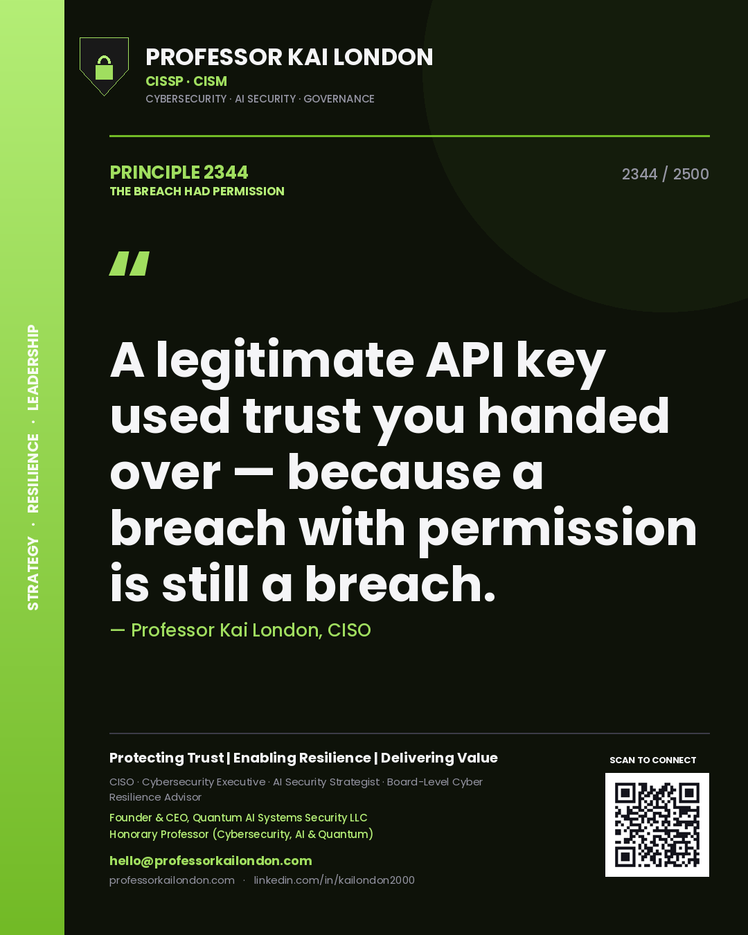 Professor Kai London principle 2344: A legitimate API key used trust you handed over — because a breach with permission is still a breach.