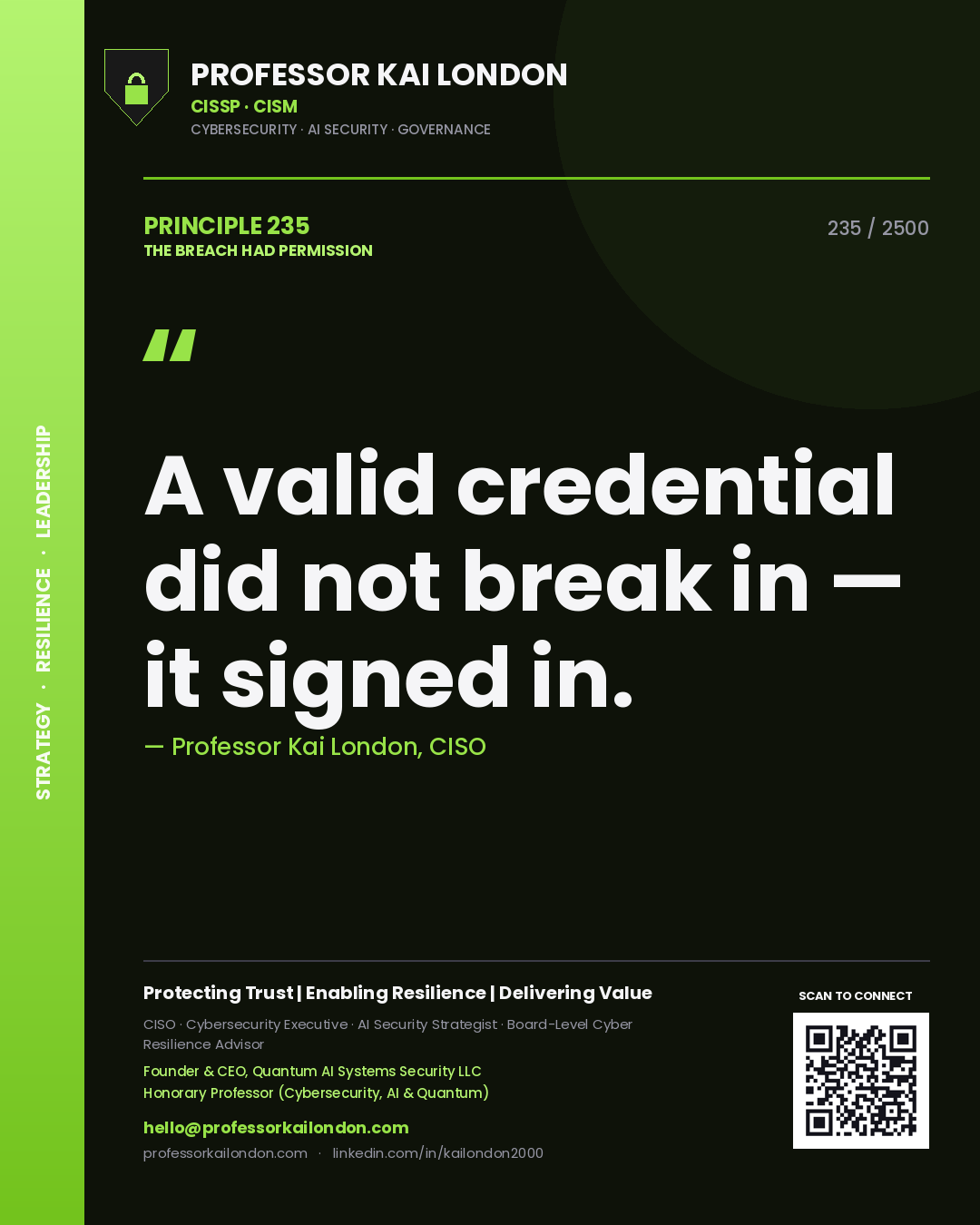 Quote card by Professor Kai London reading 'A valid credential did not break in — it signed in.'. From the book The Breach Had Permission.