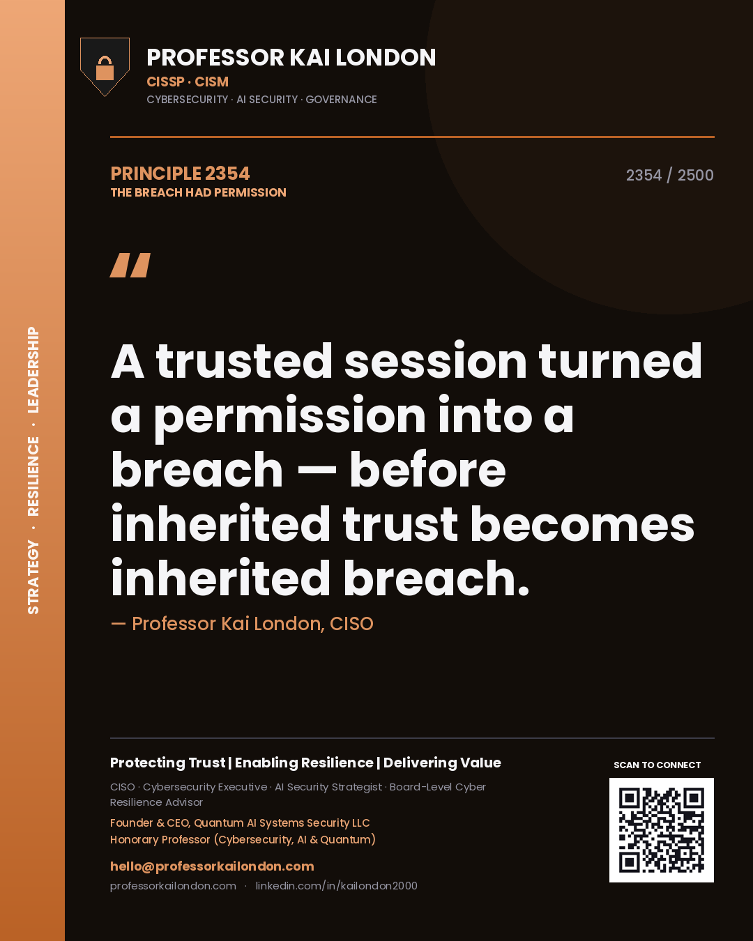 Quote card by Professor Kai London reading 'A trusted session turned a permission into a breach — before inherited trust becomes inherited breach.'. From the book The Breach Had Permission.