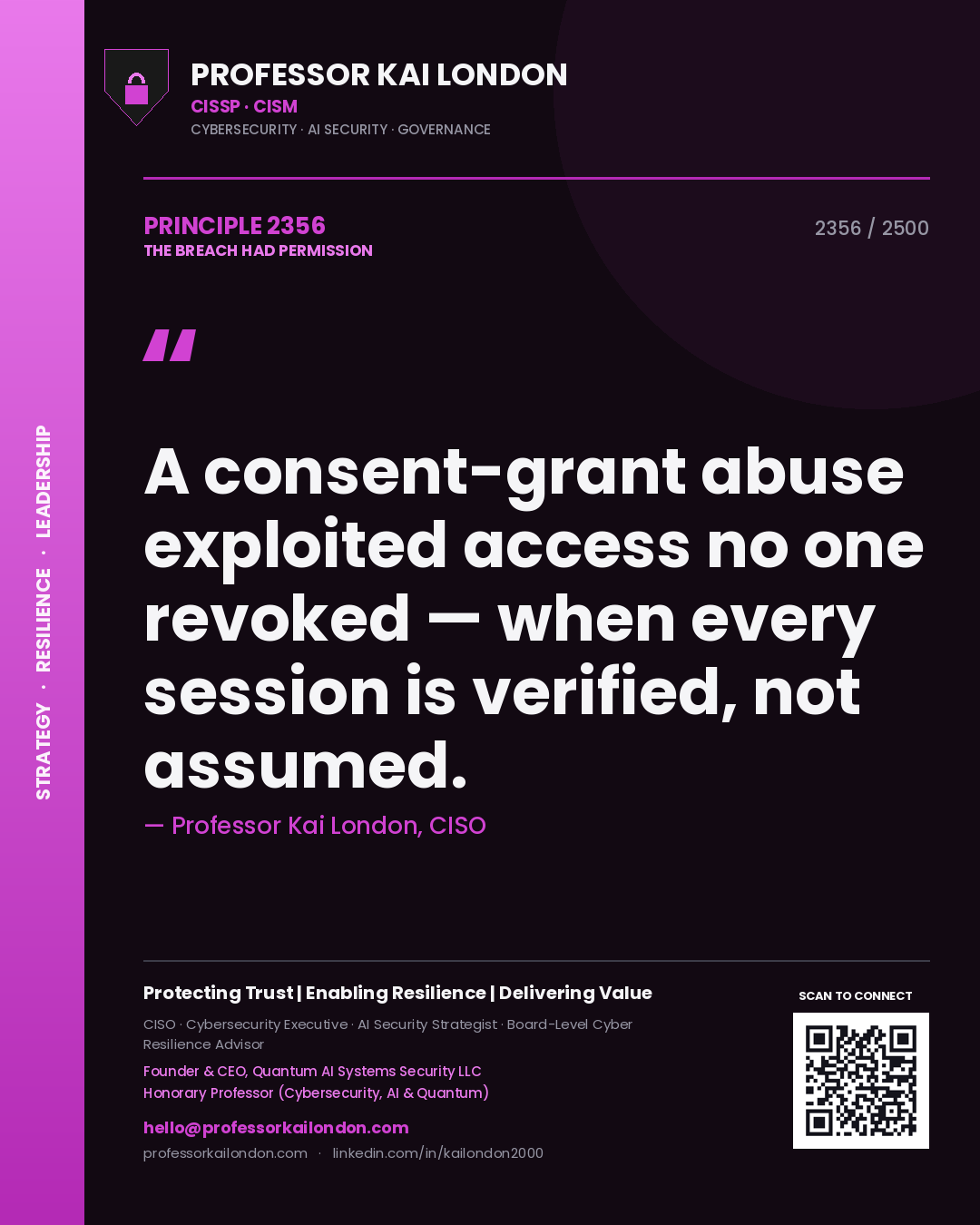 Quote card by Professor Kai London reading 'A consent-grant abuse exploited access no one revoked — when every session is verified, not assumed.'. From the book The Breach Had Permission.
