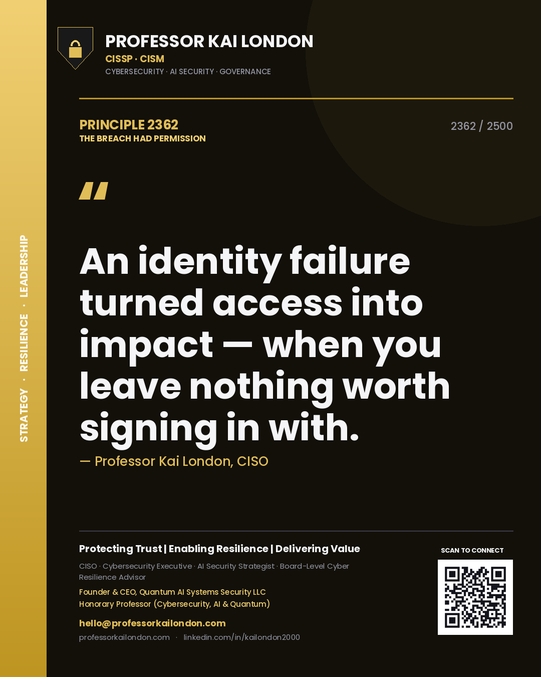Quote card by Professor Kai London reading 'An identity failure turned access into impact — when you leave nothing worth signing in with.'. From the book The Breach Had Permission.