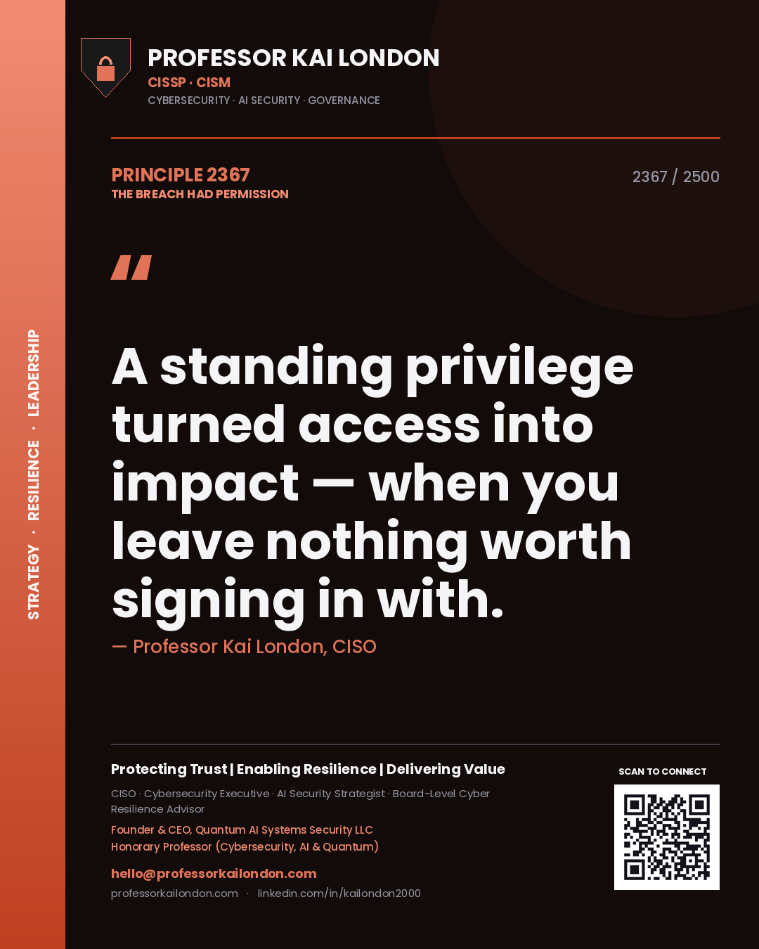 Quote card by Professor Kai London reading 'A standing privilege turned access into impact — when you leave nothing worth signing in with.'. From the book The Breach Had Permission.