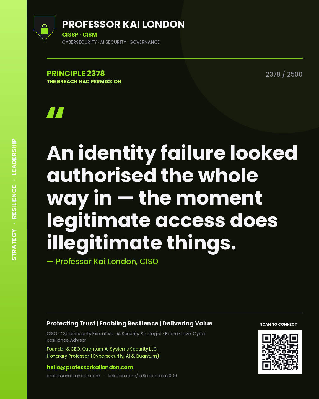 Quote card by Professor Kai London reading 'An identity failure looked authorised the whole way in — the moment legitimate access does illegitimate things.'. From the book The Breach Had Permission.