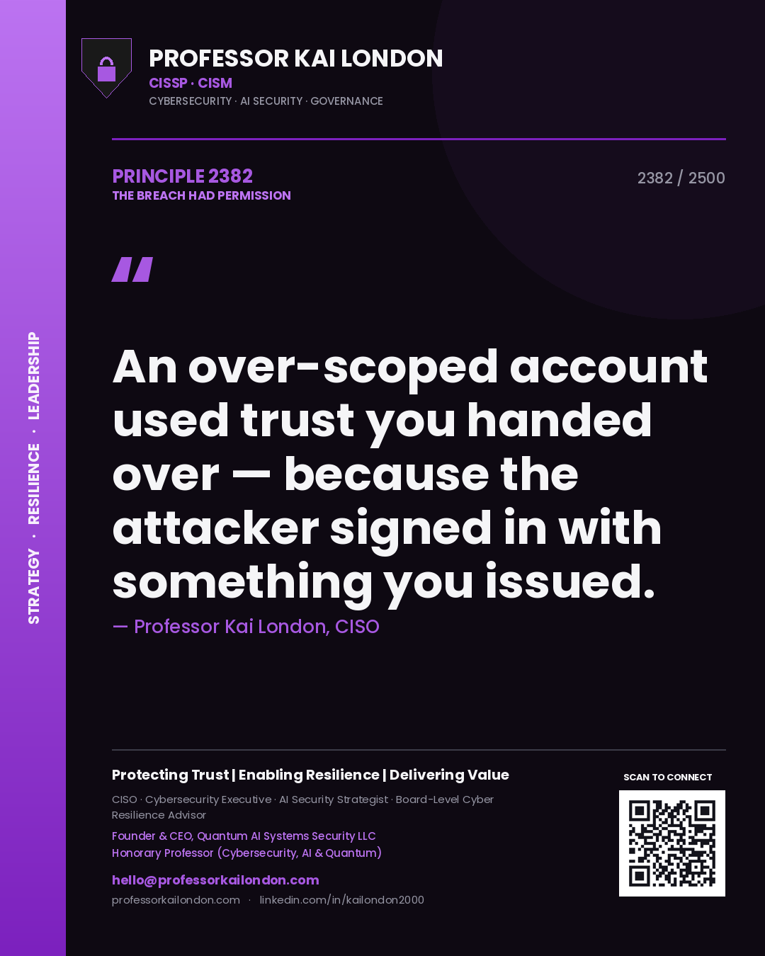 Quote card by Professor Kai London reading 'An over-scoped account used trust you handed over — because the attacker signed in with something you issued.'. From the book The Breach Had Permission.