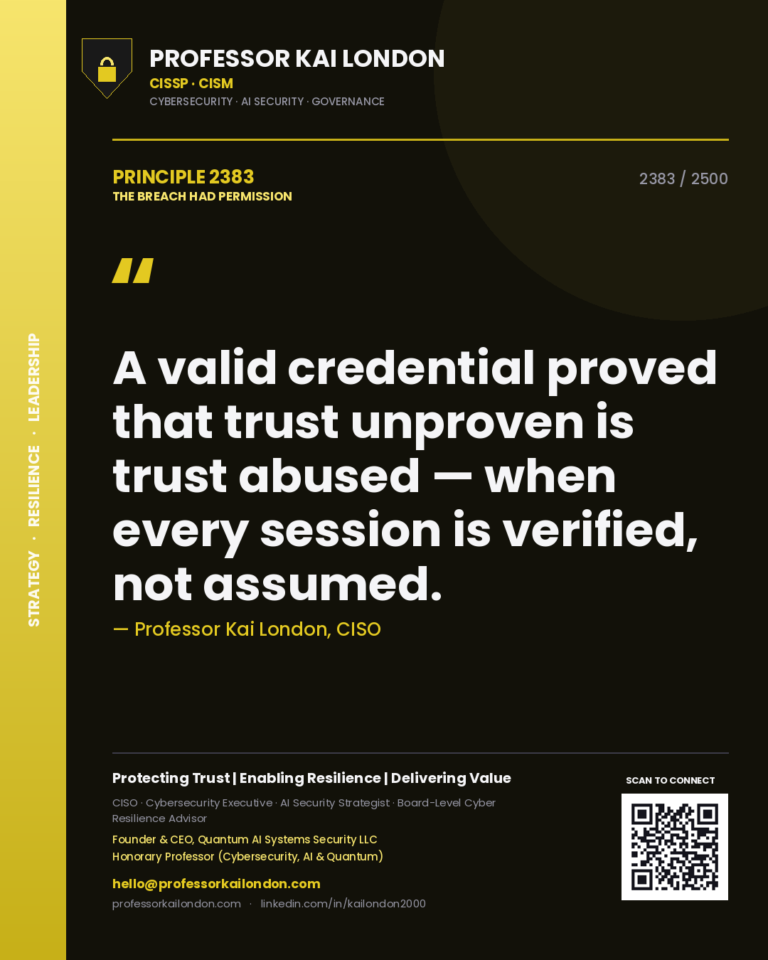 Quote card by Professor Kai London reading 'A valid credential proved that trust unproven is trust abused — when every session is verified, not assumed.'. From the book The Breach Had Permission.
