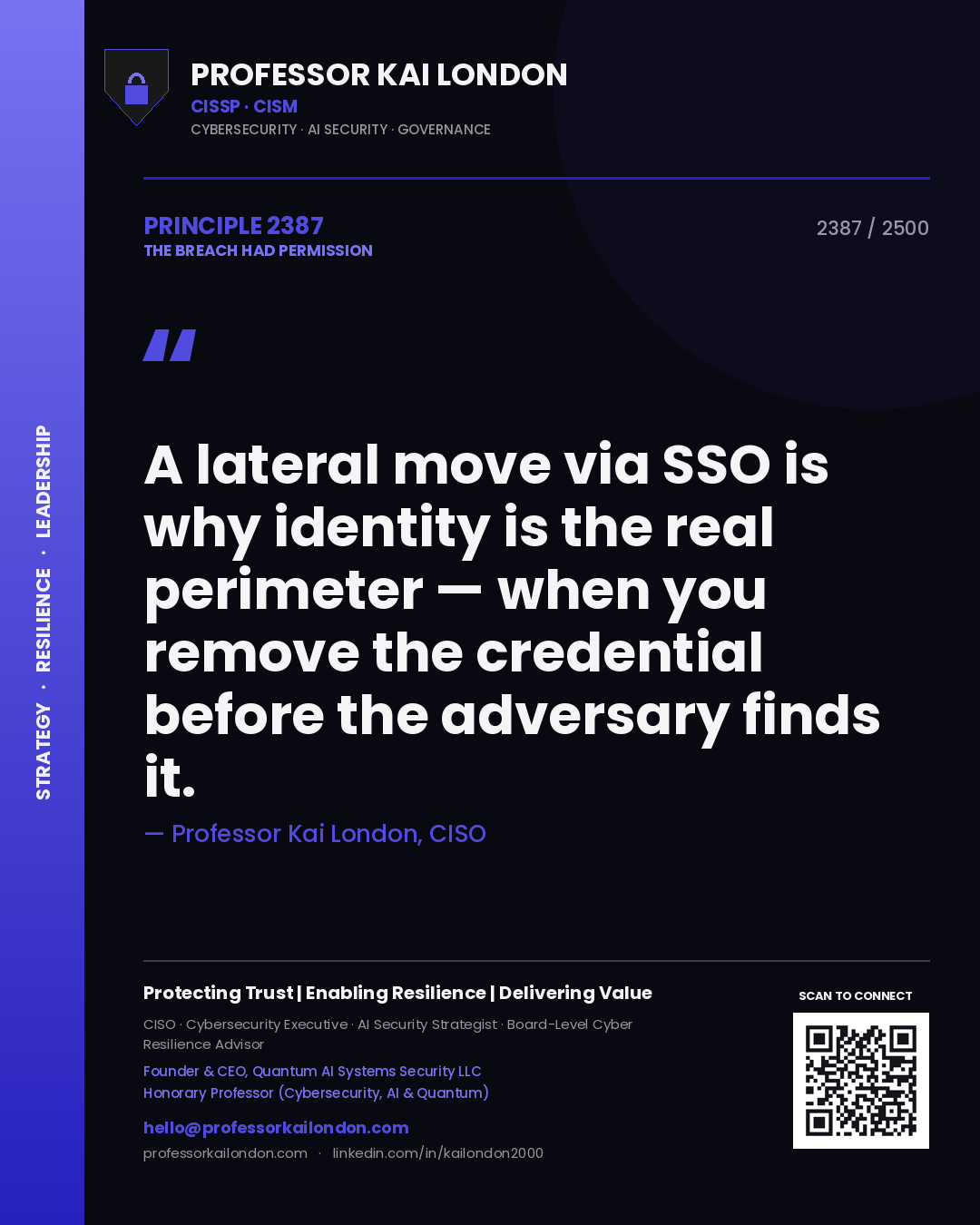 Quote card by Professor Kai London reading 'A lateral move via SSO is why identity is the real perimeter — when you remove the credential before the adversary finds it.'. From the book The Breach Had Permission.