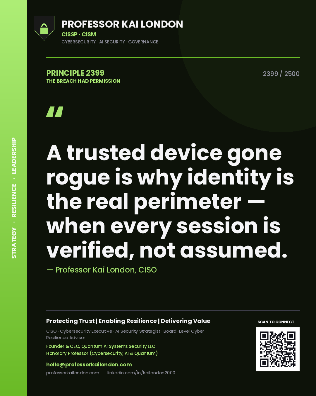 Quote card by Professor Kai London reading 'A trusted device gone rogue is why identity is the real perimeter — when every session is verified, not assumed.'. From the book The Breach Had Permission.