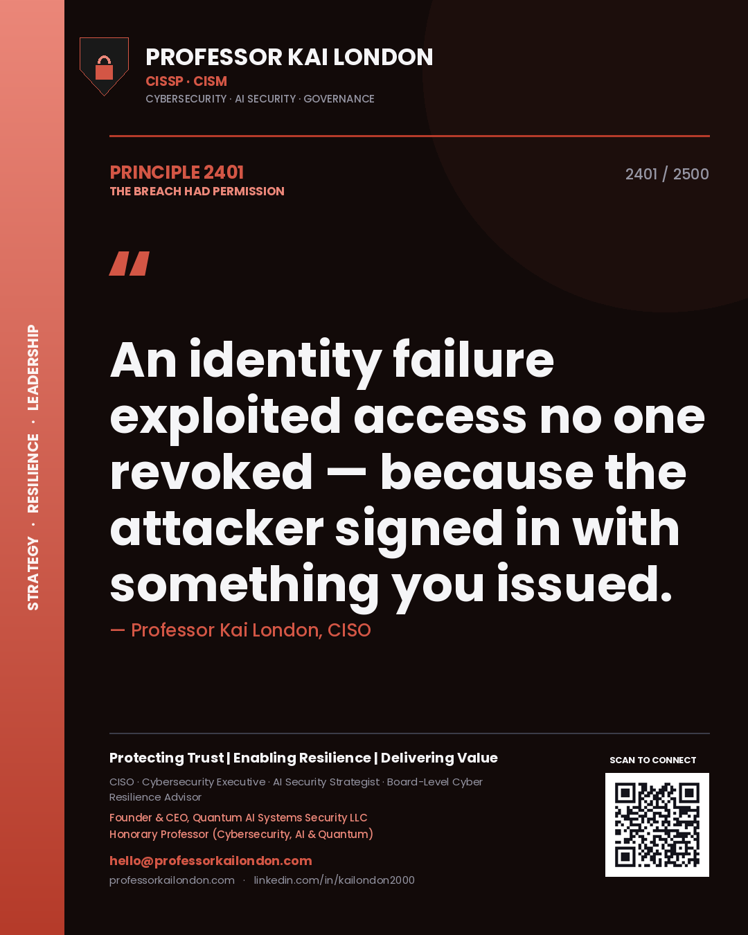 Quote card by Professor Kai London reading 'An identity failure exploited access no one revoked — because the attacker signed in with something you issued.'. From the book The Breach Had Permission.