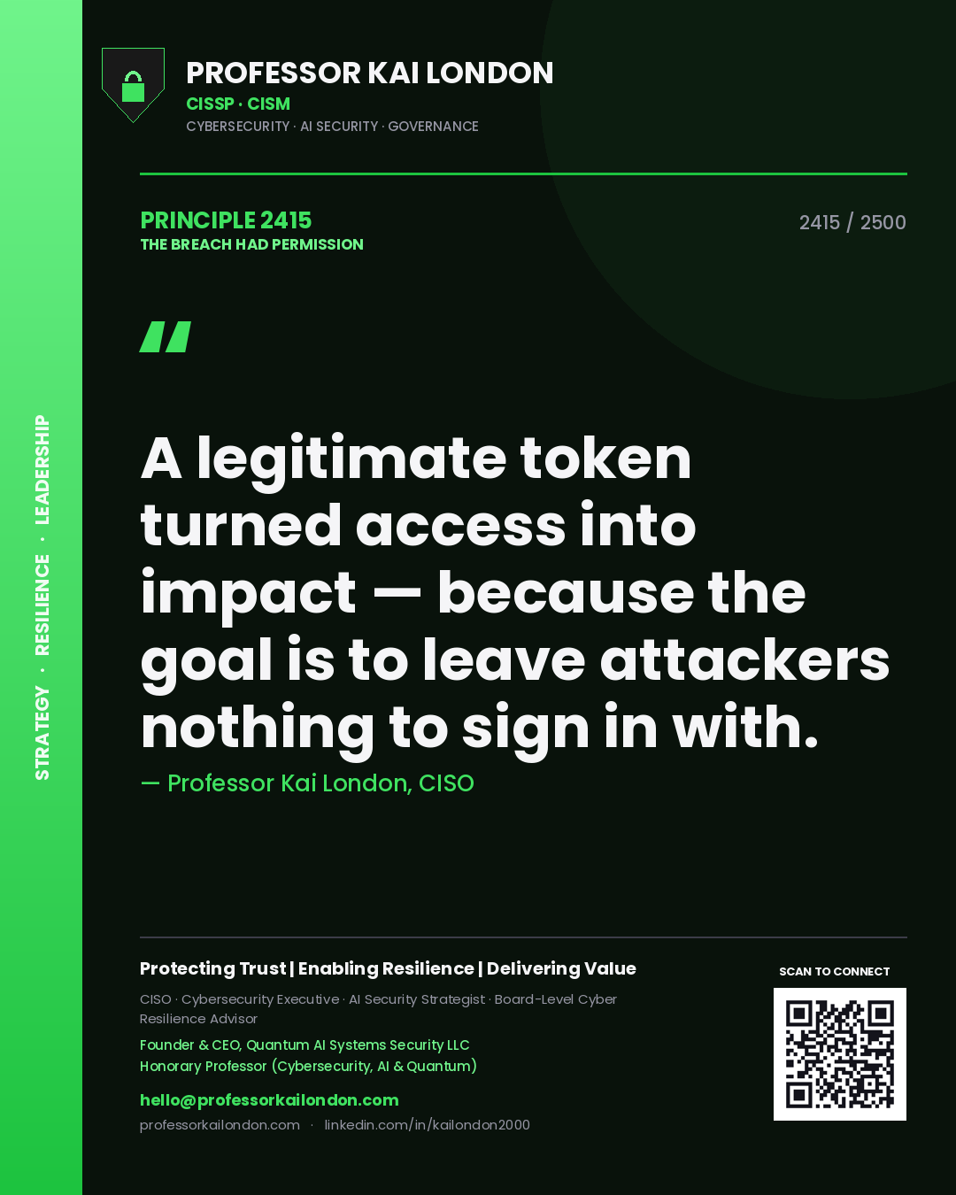 Quote card by Professor Kai London reading 'A legitimate token turned access into impact — because the goal is to leave attackers nothing to sign in with.'. From the book The Breach Had Permission.