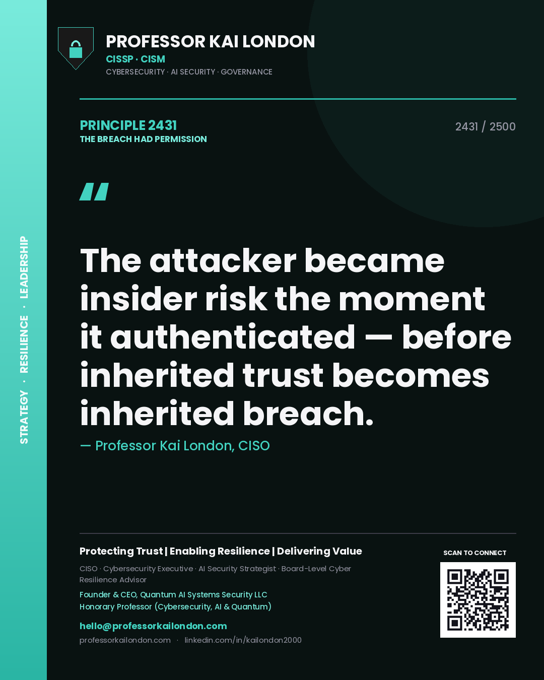Quote card by Professor Kai London reading 'The attacker became insider risk the moment it authenticated — before inherited trust becomes inherited breach.'. From the book The Breach Had Permission.