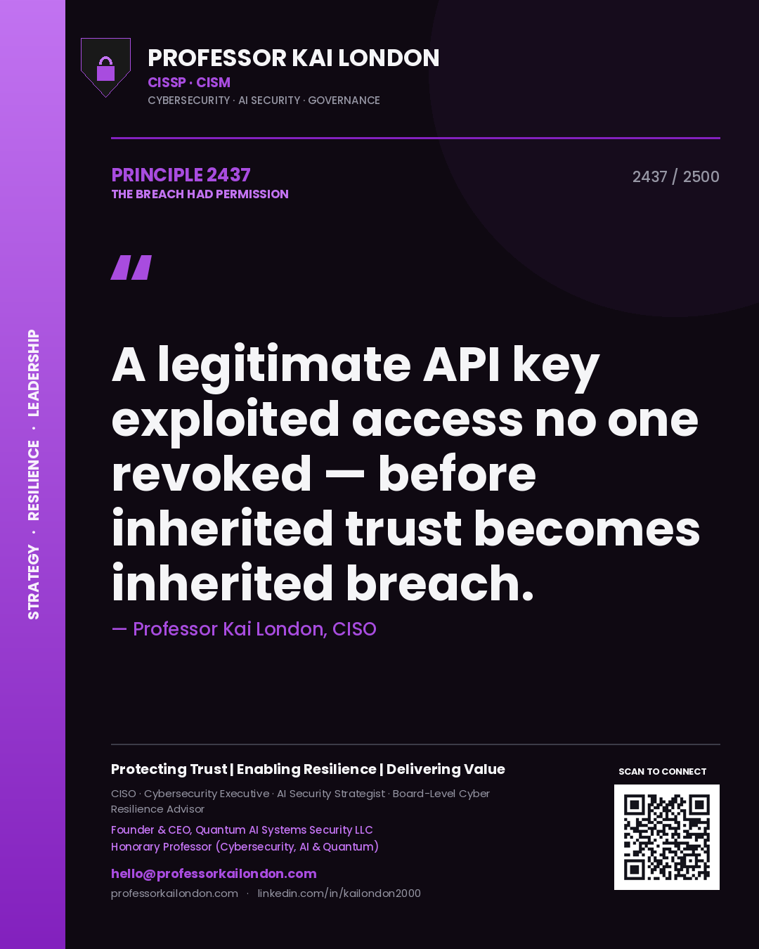 Quote card by Professor Kai London reading 'A legitimate API key exploited access no one revoked — before inherited trust becomes inherited breach.'. From the book The Breach Had Permission.