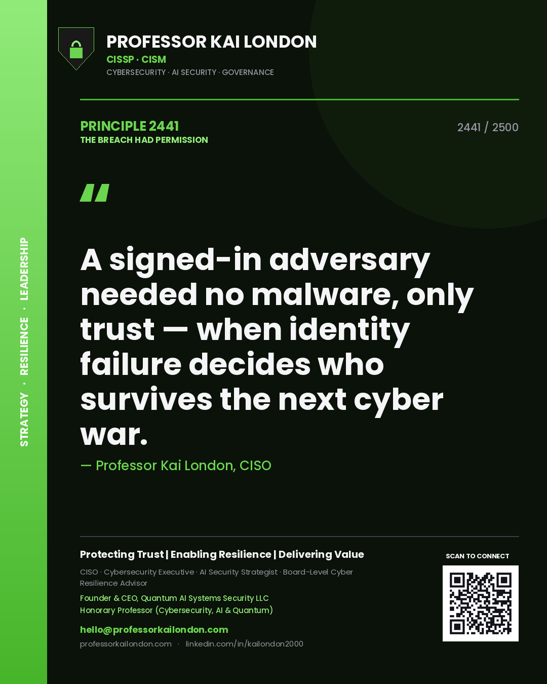 Quote card by Professor Kai London reading 'A signed-in adversary needed no malware, only trust — when identity failure decides who survives the next cyber war.'. From the book The Breach Had Permission.