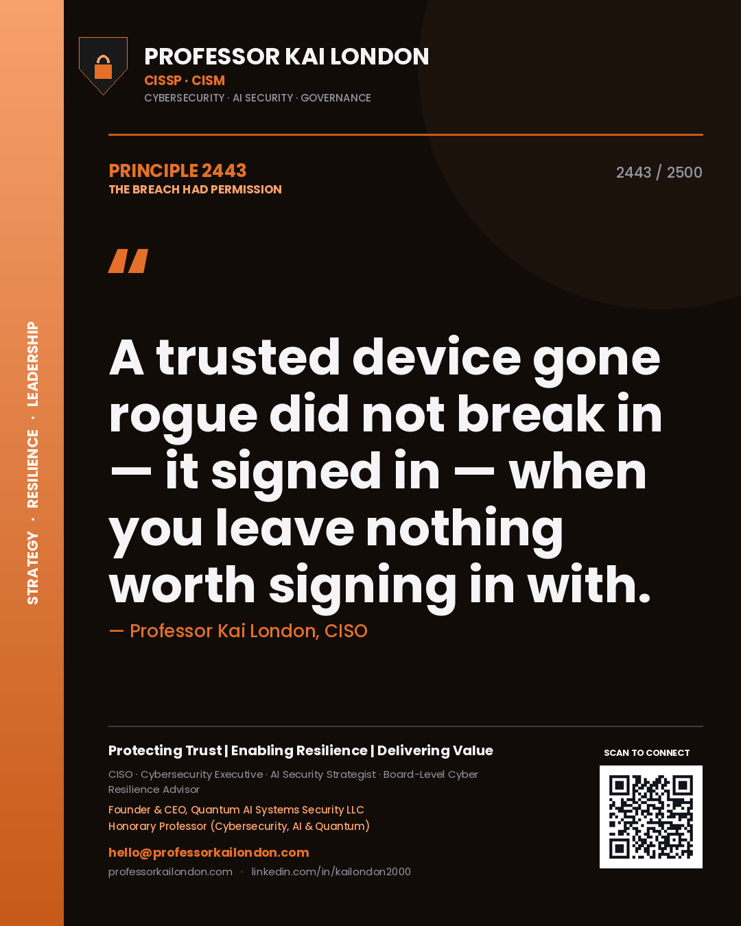 Quote card by Professor Kai London reading 'A trusted device gone rogue did not break in — it signed in — when you leave nothing worth signing in with.'. From the book The Breach Had Permission.