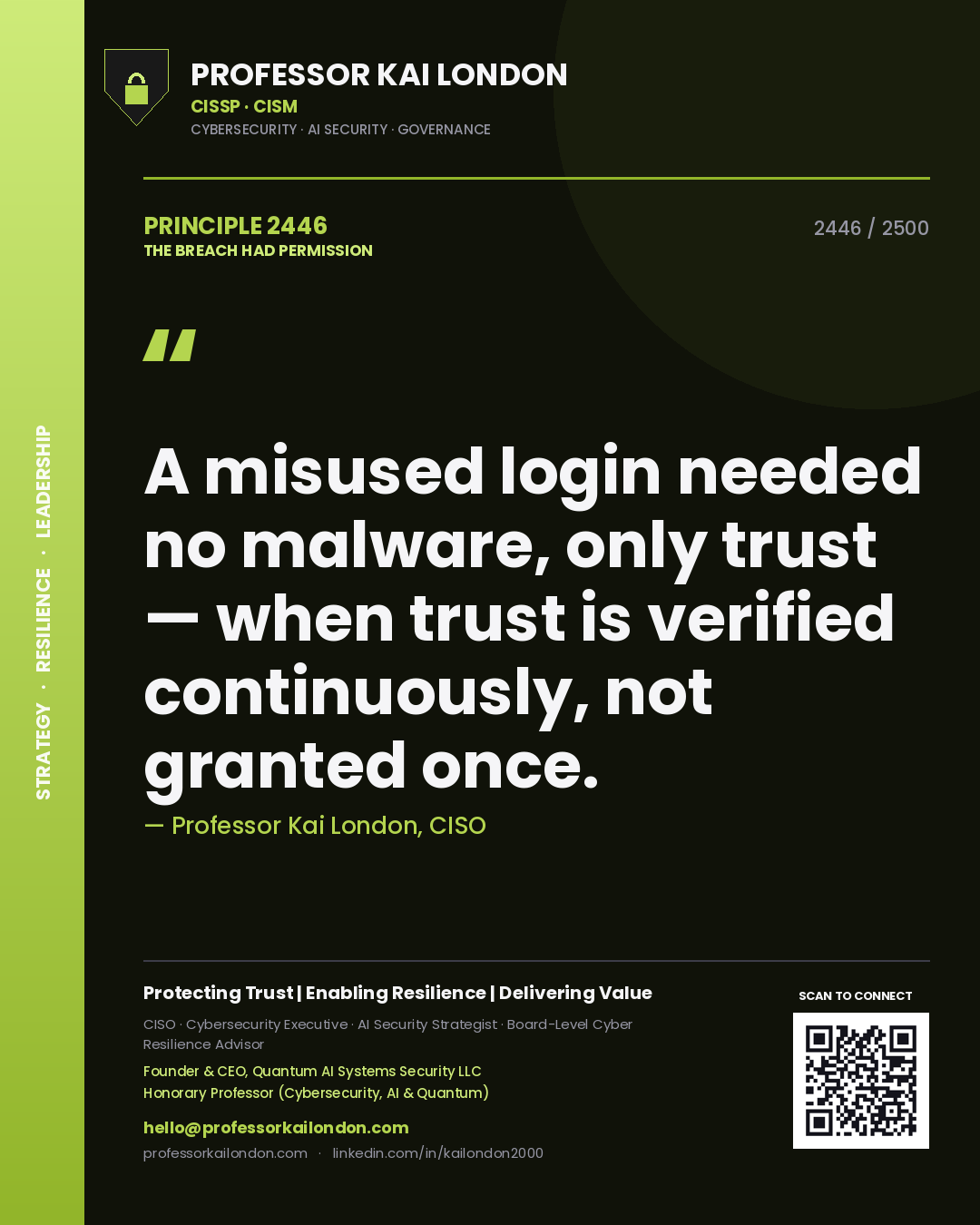 Quote card by Professor Kai London reading 'A misused login needed no malware, only trust — when trust is verified continuously, not granted once.'. From the book The Breach Had Permission.