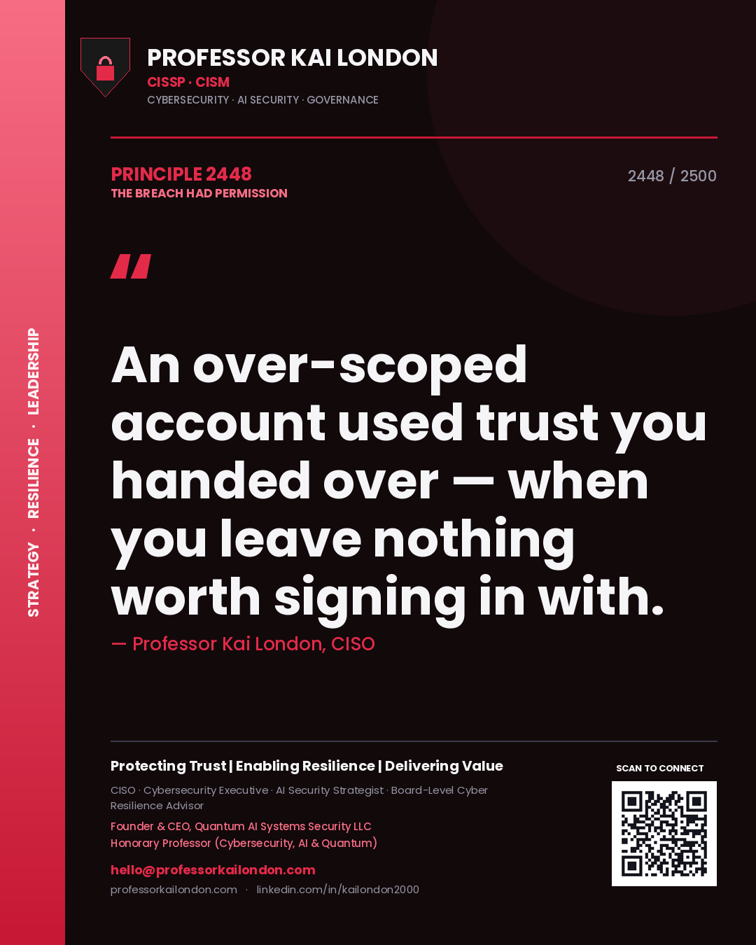 Quote card by Professor Kai London reading 'An over-scoped account used trust you handed over — when you leave nothing worth signing in with.'. From the book The Breach Had Permission.