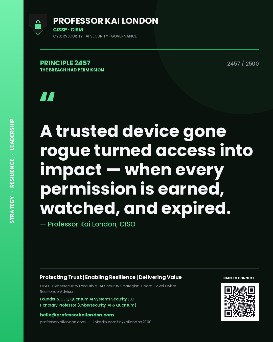 Quote card by Professor Kai London reading 'A trusted device gone rogue turned access into impact — when every permission is earned, watched, and expired.'. From the book The Breach Had Permission.