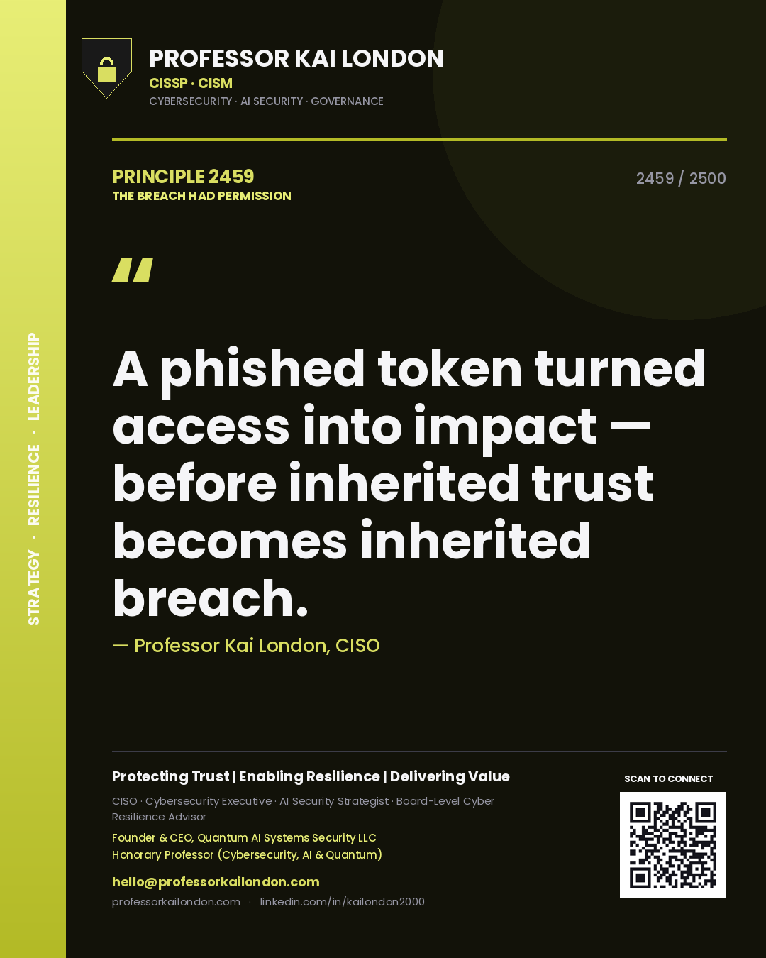 Quote card by Professor Kai London reading 'A phished token turned access into impact — before inherited trust becomes inherited breach.'. From the book The Breach Had Permission.
