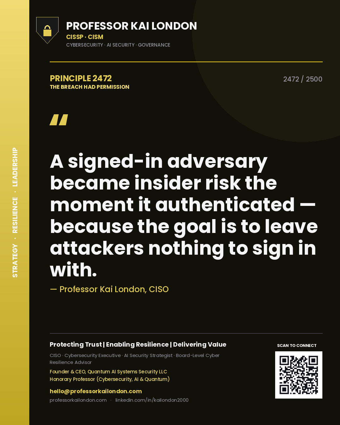Quote card by Professor Kai London reading 'A signed-in adversary became insider risk the moment it authenticated — because the goal is to leave attackers nothing to sign in with.'. From the book The Breach Had Permission.