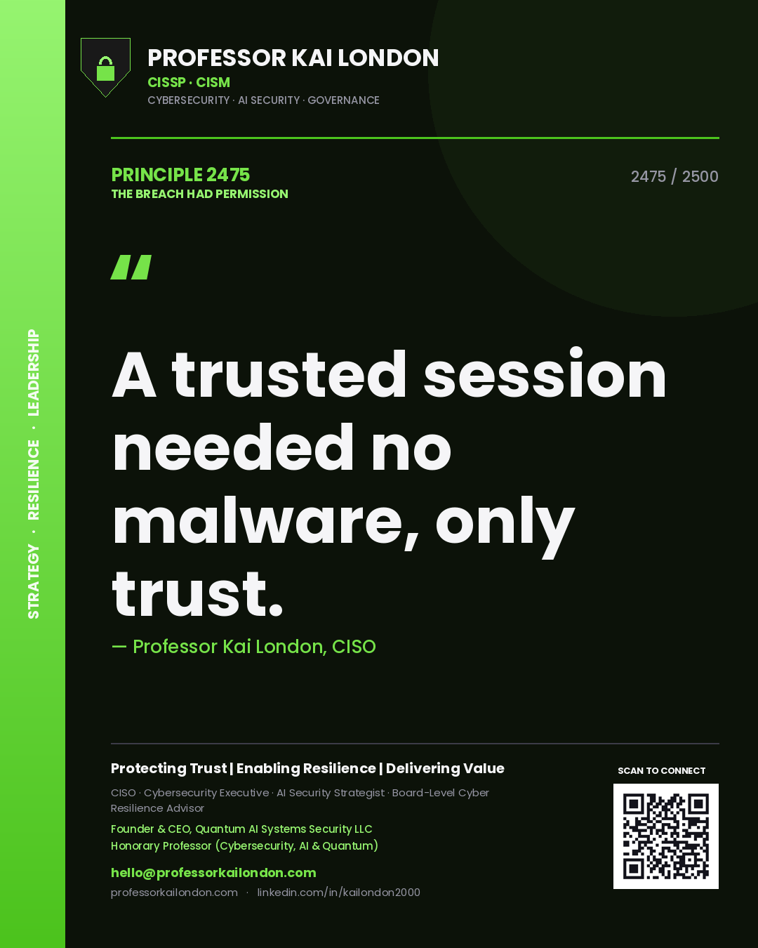 Quote card by Professor Kai London reading 'A trusted session needed no malware, only trust.'. From the book The Breach Had Permission.