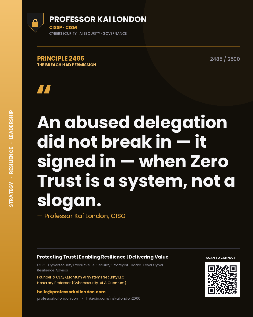 Quote card by Professor Kai London reading 'An abused delegation did not break in — it signed in — when Zero Trust is a system, not a slogan.'. From the book The Breach Had Permission.