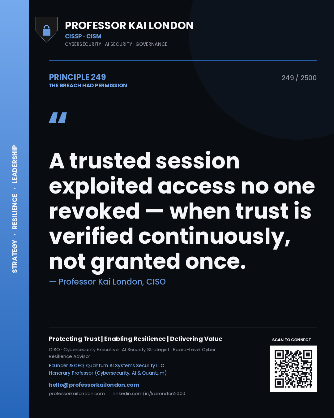 Quote card by Professor Kai London reading 'A trusted session exploited access no one revoked — when trust is verified continuously, not granted once.'. From the book The Breach Had Permission.