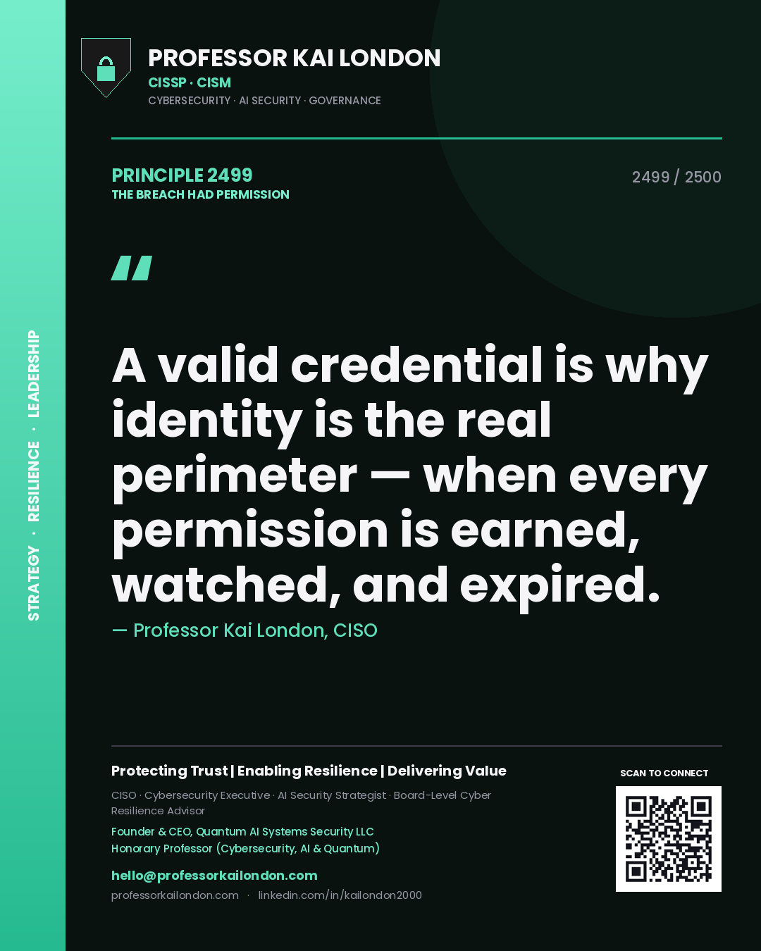 Quote card by Professor Kai London reading 'A valid credential is why identity is the real perimeter — when every permission is earned, watched, and expired.'. From the book The Breach Had Permission.
