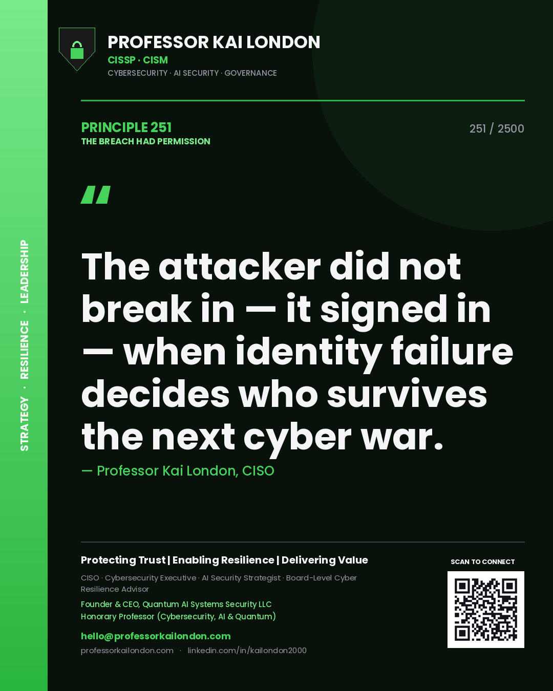 Professor Kai London principle 251: The attacker did not break in — it signed in — when identity failure decides who survives the next cyber war.