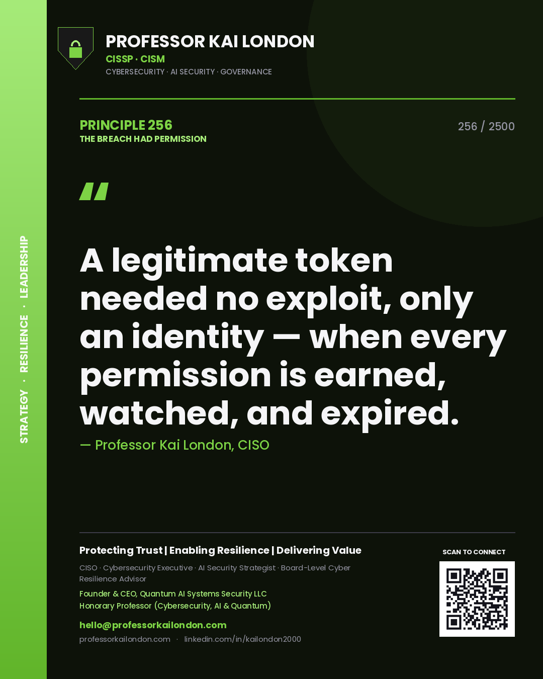 Quote card by Professor Kai London reading 'A legitimate token needed no exploit, only an identity — when every permission is earned, watched, and expired.'. From the book The Breach Had Permission.