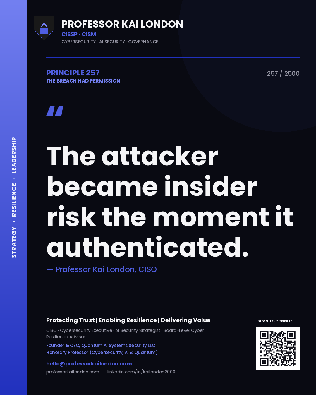 Quote card by Professor Kai London reading 'The attacker became insider risk the moment it authenticated.'. From the book The Breach Had Permission.