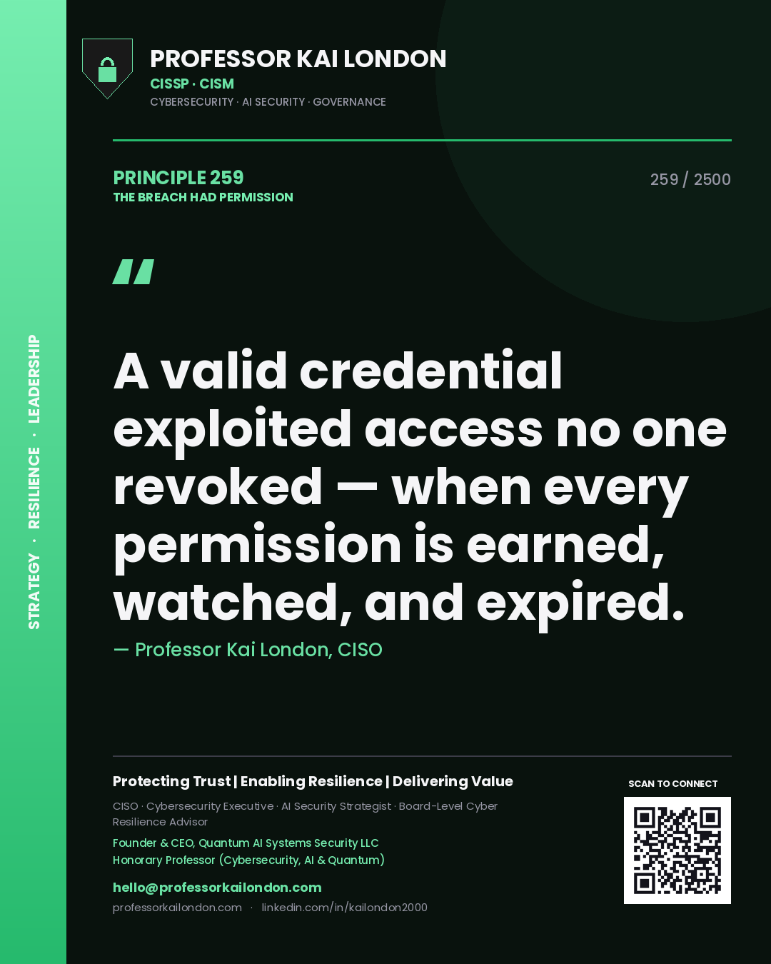 Quote card by Professor Kai London reading 'A valid credential exploited access no one revoked — when every permission is earned, watched, and expired.'. From the book The Breach Had Permission.